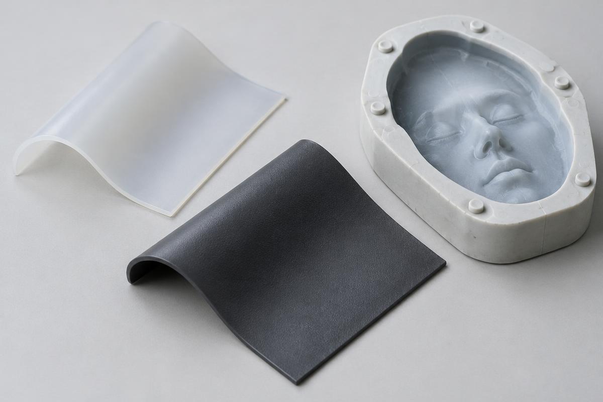 Illustrated rubber sample sheets beside a face casting mould